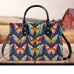 Women PU leather Handbag tote Butterflies design abstract art purse Large Tote Beach Travel