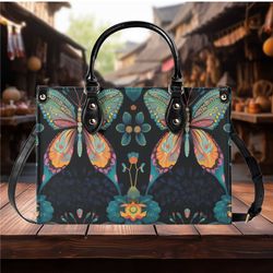 Women PU leather Handbag tote Butterfly floral abstract art purse Large Tote would be Perfect for Vacation Beach Travel