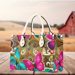 Women PU leather Handbag tote Butterfly pink, green design abstract art purse Large Tote shoulder bag for Vacation Beach