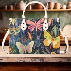 Women PU leather Handbag tote butterfly rainbow of colors design abstract art purse 3 sizes Gift for Mom wife or the lar