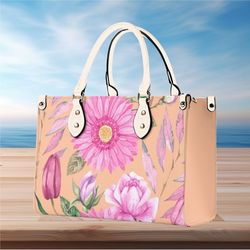 Women PU leather Handbag tote Floral beautiful Pink botanical design purse 3 sizes large can be a beautiful beach travel