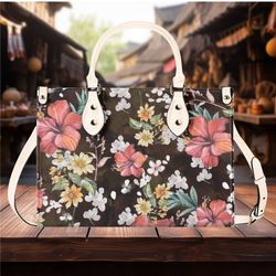 Women PU leather Handbag tote Floral botanical impatiens design purse 3 sizes large can be a beautiful beach travel tote