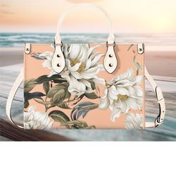 Women PU leather Handbag tote Floral botanical magnolia peach design purse 3 sizes large can be a beautiful beach travel