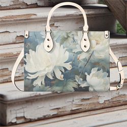Women PU leather Handbag tote Floral cottagecore botanical design abstract art purse Large Tote would be Perfect for Vac