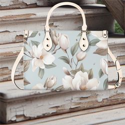 Women PU leather Handbag tote Floral cottagecore botanical magnolia design abstract art purse Large Tote Vacation Beach