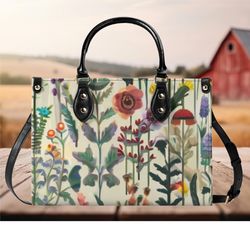 Women PU leather Handbag tote Floral cottagecore botanical wildflower design abstract art purse Large Tote shoulder bag