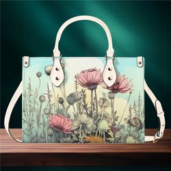 Women PU leather Handbag tote Floral cottagecore peach green botanical design abstract art purse Large Tote Beach Travel