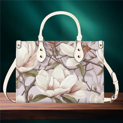 Women PU leather Handbag tote Floral magnolia cottagecore botanical cream green design abstract art purse Large Tote Vac