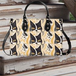 Women PU leather Handbag tote Fun cute Tuxedo Cat Art deco design abstract purse Large Tote shoulder bag for Vacation Be