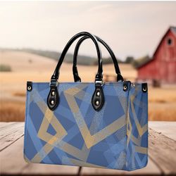 Women PU leather Handbag tote geometrical blue gold Art deco design abstract art purse Large Tote Vacation Beach Travel