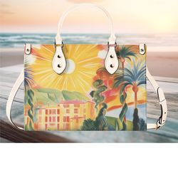 Women PU leather Handbag tote Ocean boat Art deco design abstract art purse Large Tote would be Perfect for Vacation Bea
