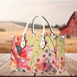 Women PU Leather Handbag tote purse beautiful Olive-green pink spring floral handbag Botanical garden wildflowers spring