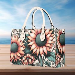 Women PU Leather Handbag tote purse beautiful olive green peach daisy sunflower floral handbag Botanical Garden design s