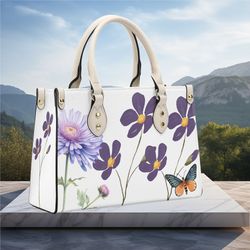 Women PU Leather Handbag tote purse beautiful spring floral daisy plum handbag Botanical garden wildflowers spring summe