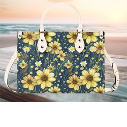 Women PU Leather Handbag tote purse beautiful spring floral handbag Botanical garden wildflowers fern design spring summ