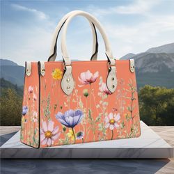 Women PU Leather Handbag tote purse beautiful spring floral handbag peach yellow Botanical garden wildflowers spring sum