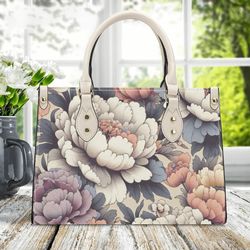Women PU Leather Handbag tote purse beautiful spring magnolia floral cream plum botanical garden wildflowers spring summ