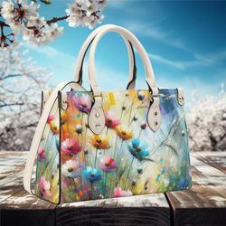 Women PU Leather Handbag tote purse beautiful spring retro botanical garden Cottagecore farmhouse blue, pink, green spri