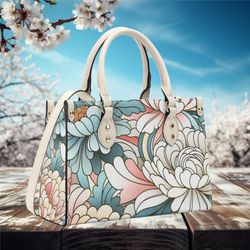 Women PU Leather Handbag tote purse beautiful spring retro blue cream white feather design blue, green spring summer loo