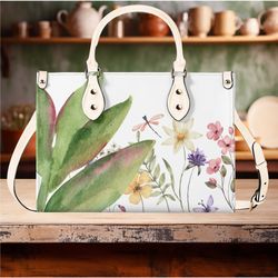 Women PU Leather Handbag tote purse beautiful spring summer floral handbag Botanical garden wildflowers greenery dragon