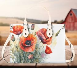 Women PU Leather Handbag tote purse beautiful spring summer poppy floral handbag Botanical garden wildflowers spring sum