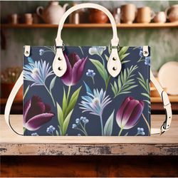 Women PU Leather Handbag tote purse beautiful spring summer purple tulips floral handbag Botanical garden flowers Nice g