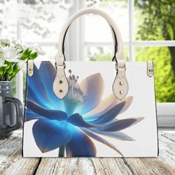 Women PU leather Handbag tote top handles unique Art deco blue flower botanical floral spring summer purse Make a nice g