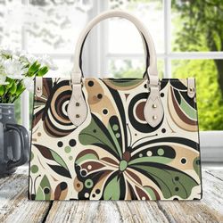 Women PU leather Handbag tote top handles unique Butterfly moth olive green design cottage core beautiful spring summer