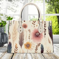 Women PU leather Handbag tote top handles unique cottagecore beautiful cream rose spring summer purse Make a nice gift M