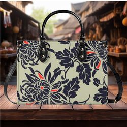 Women PU leather Handbag tote unique beautiful Art deco black, green touch of red design abstract art purse Large Tote