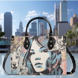 Women PU leather Handbag tote unique beautiful Art deco girls face with dogs design abstract art purse Spring Sumer Mom