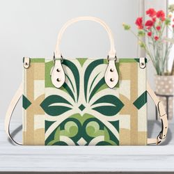 Women PU leather Handbag tote unique beautiful Art deco green beige design abstract art purse Large Tote Vacation Beach