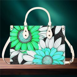 Women PU leather Handbag tote unique beautiful Art deco green blue flower botanical abstract purse Spring Sumer Mom wife