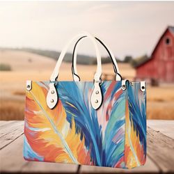 Women PU leather Handbag tote unique beautiful Art deco rainbow color feather design abstract art purse Large Tote Beach
