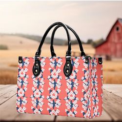 Women PU leather Handbag tote unique beautiful Art deco spring cherry blossoms design abstract art purse Large Tote Vaca