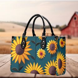 Women PU leather Handbag tote unique beautiful Art deco Sunflowers green blue flower botanical abstract purse Spring Sum