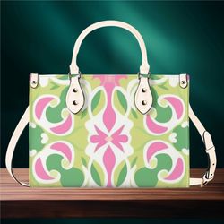 Women PU leather Handbag tote unique green pink beautiful Art deco design abstract art purse Large Tote for Vacation Bea