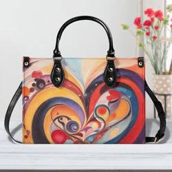 Women PU leather Handbag tote unique Heart Art deco rainbow of colors design abstract art purse Tote Beach Travel Gift M
