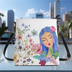 Women's girls face PU Bucket Bag Shoulder Bag purse motifs folk art Beautiful cute spring summer Floral flower botanical