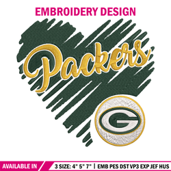 Green Bay Packers Heart embroidery design, Green Bay Packers embroidery, NFL embroidery, logo sport embroidery