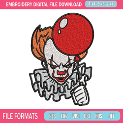 pennywise with balloon embroidery design, halloween embroidery, embroidery file, halloween design, digital download 1