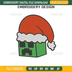Minecraft Creeper Santa Embroidery Design File, Christmas Minecraft Embroidery Design File