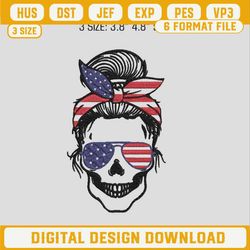 American Flag Messy Bun Skull Embroidery Designs, Momlife Skull Patriotic Embroidery Designs.jpg