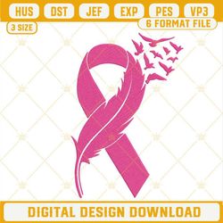 Pink Ribbon With Feather And Birds Embroidery Designs, Breast Cancer Awareness Ribbon Embroidery Files.jpg