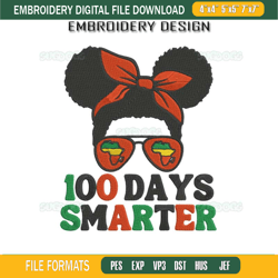 100 Days Smarter Embroidery Design File, Afro Girls Messy Bun Black History Month Embroidery Design File