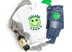 Feeling Lucky Smile T-shirt, St Patricks Day Shirts For WomenMen, Lucky Shamrock Shirt, Luck of the Irish, Clover Tees,