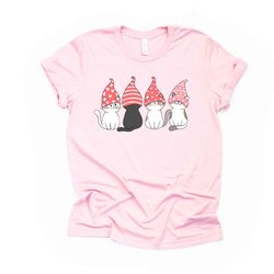 cute valentine cats in a row, four valentine cats in gnome hats design, premium unisex shirt, 3 color choices, 3x valent