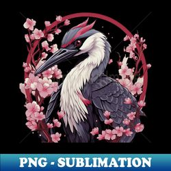 Red Crowned Crane in Cherry Blossum - PNG Transparent Sublimation File - Perfect for Sublimation Mastery