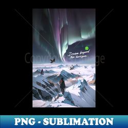 Tranquil Landscape Aurora Borealis  Birds Flying High on top of Iced Mountains - PNG Transparent Sublimation Design - Spice Up Your Sublimation Projects