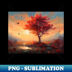 spring landscape with a single flowering tree - trendy sublimation digital download